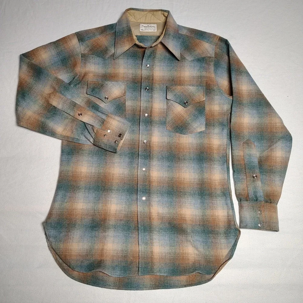 Vtg Pendleton Canyon Shirt M Wool Shadow Plaid Pearl Snap Western Teal Rare Flaw